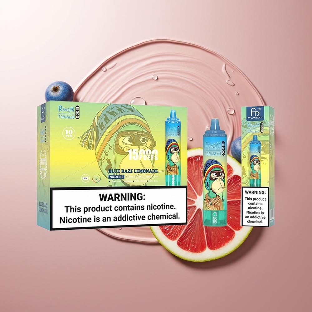 RandM Fumot Tornado 15000 Pahvad Sinine Sidrunimahl Disposabel Vape LCD Tüüp-C