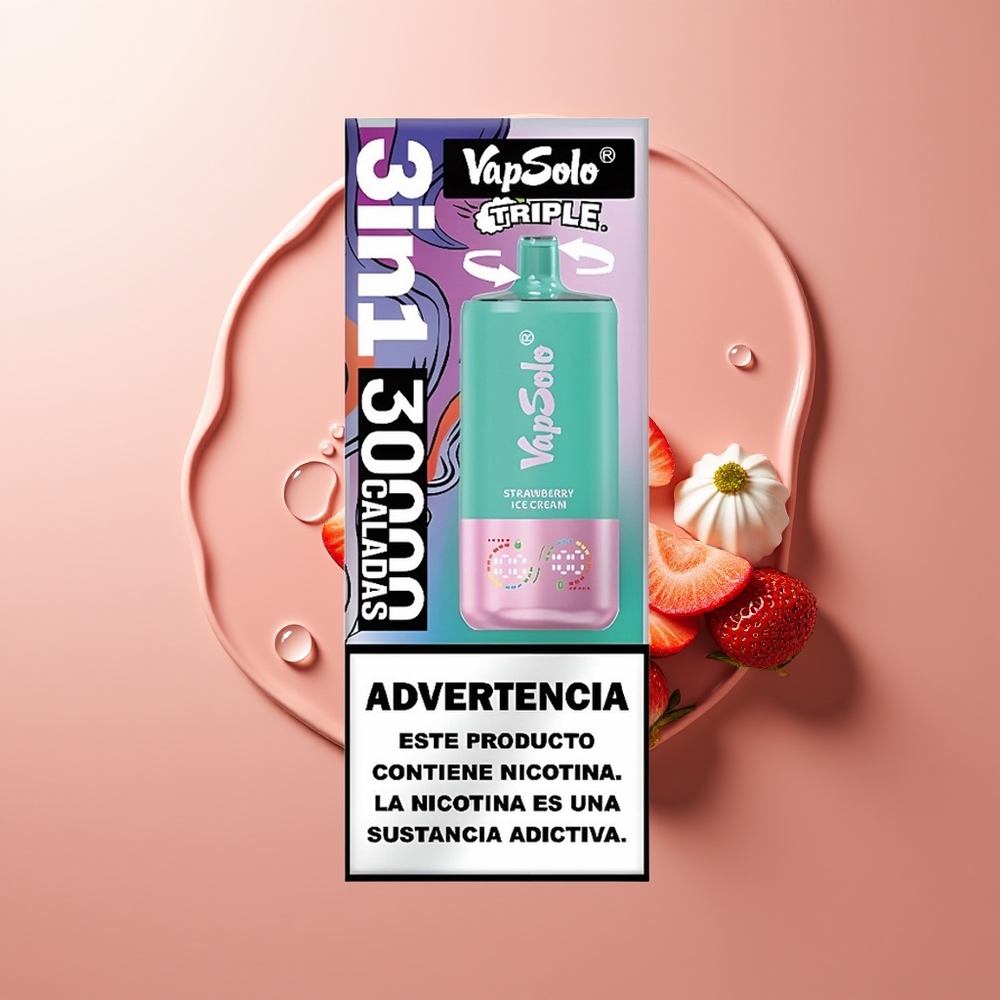 VapSolo Triple 30000 Puffs Maasikajäätise Ühekordselt Kasutatav Vape Type-C